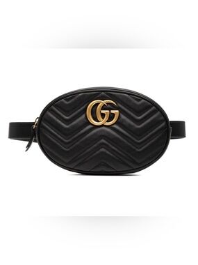 Auth GUCCI Gold Tone GG Marmont Matelasse Leather Belt Black Leather Bag Italy